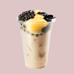 bubble tea with boba and grass jelly topping